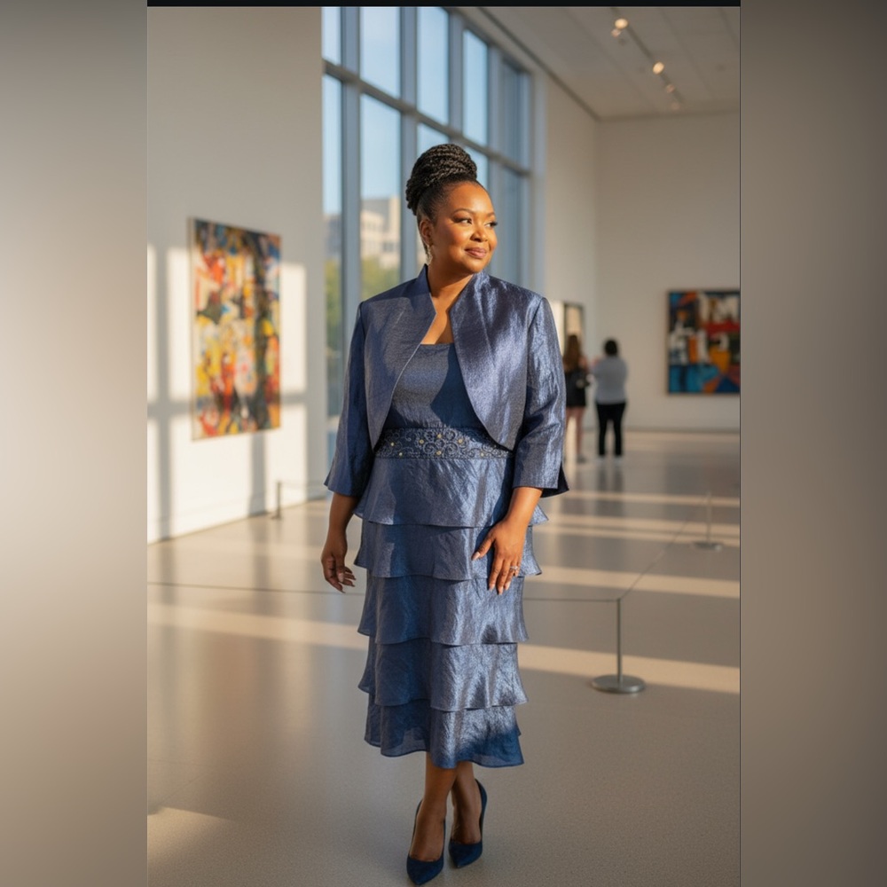 R & M Collection Elegant Blue Layered Dress with Jacket